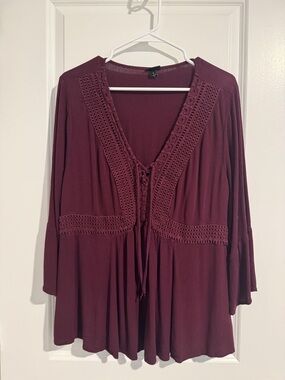 torrid Deep Wine Crochet-Trim V-Neck Tunic Top